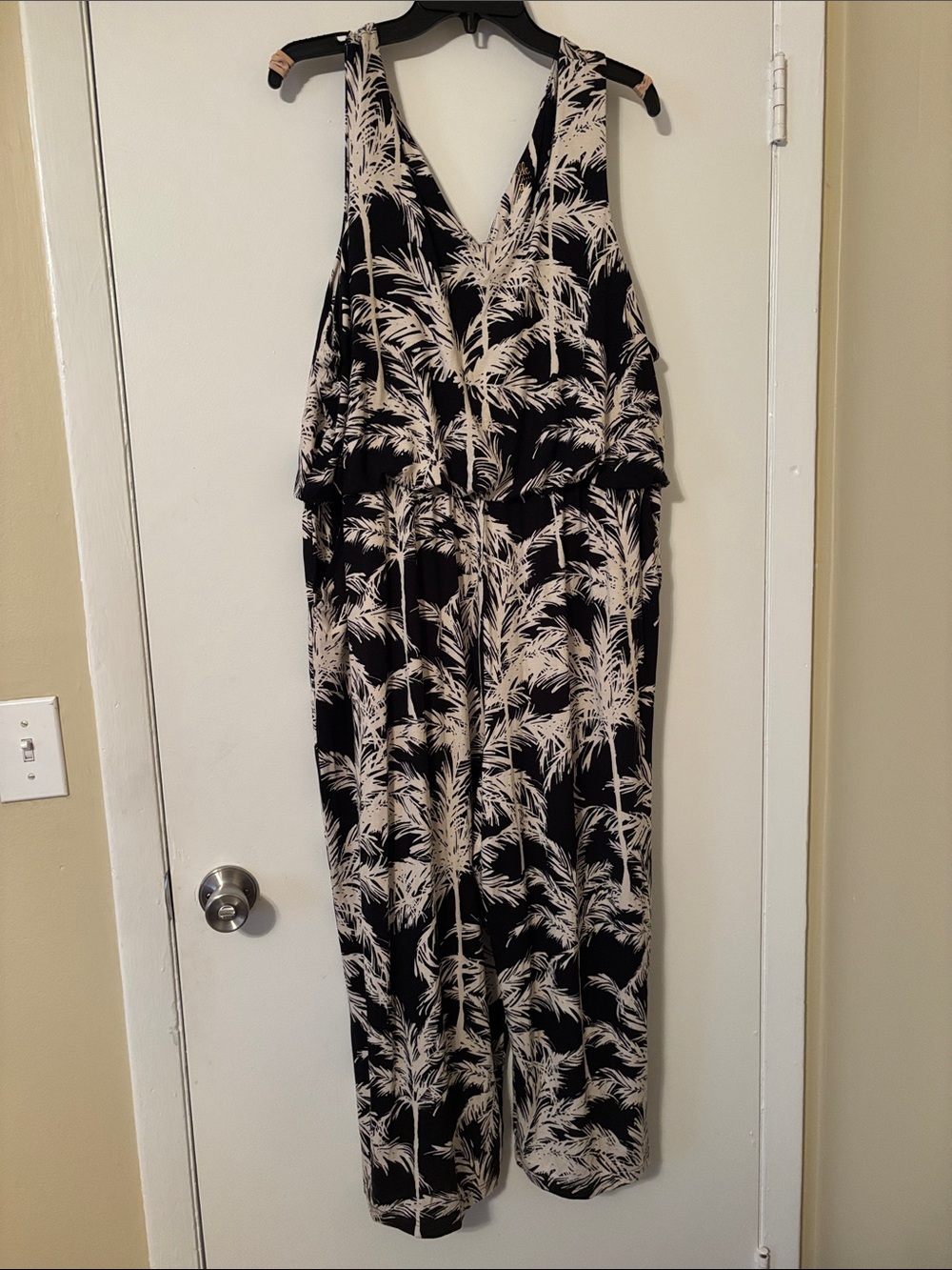 Belle by Kim Gravel Black and Cream Palm Print Jumpsuit